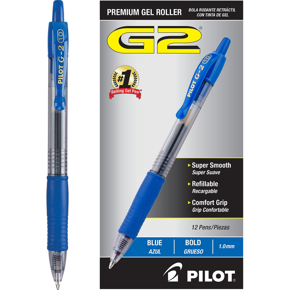 Pilot G2 Retractable Gel Pens, Bold Point, Blue Ink, Dozen