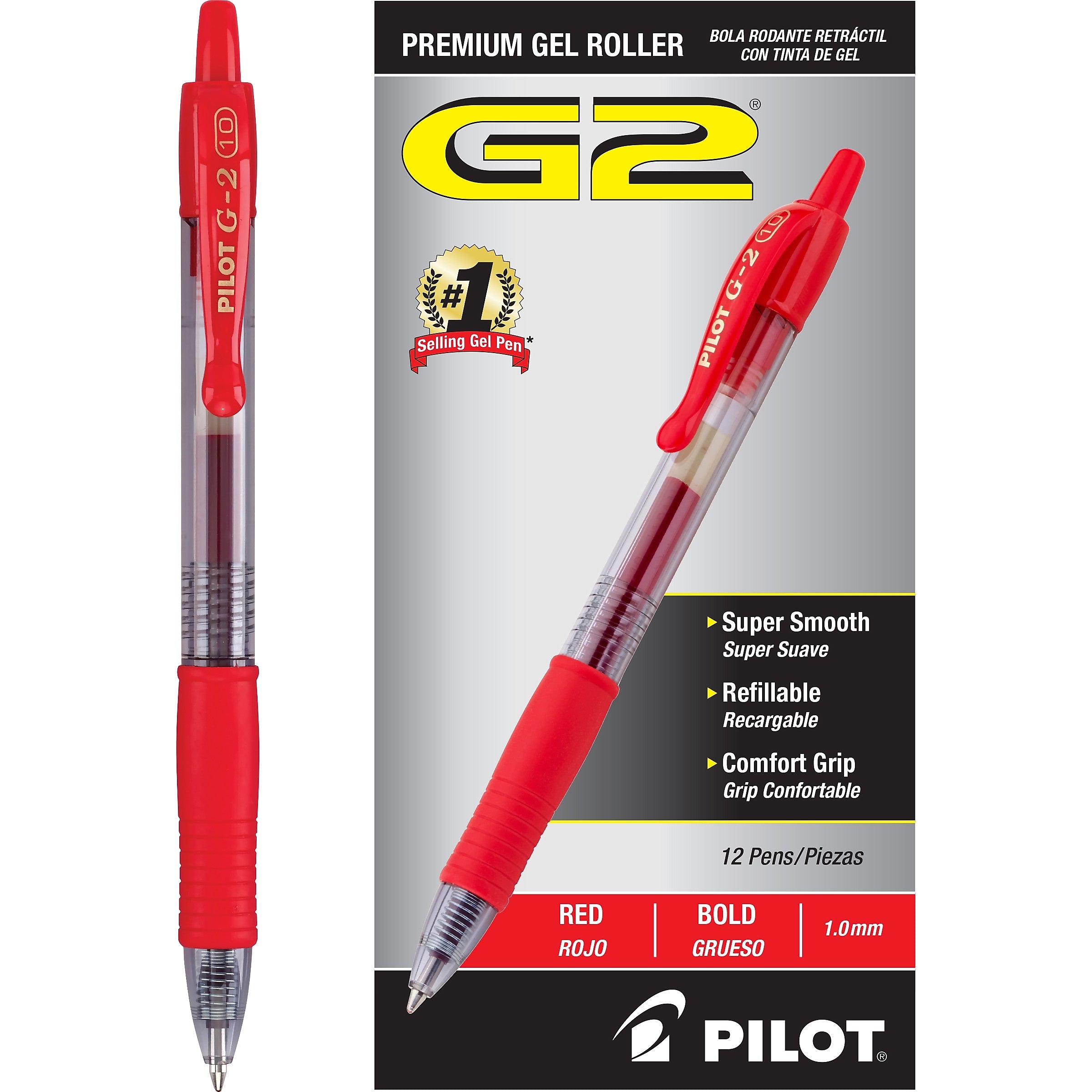 Pilot G2 Retractable Gel Pens, Bold Point, Red Ink, Dozen