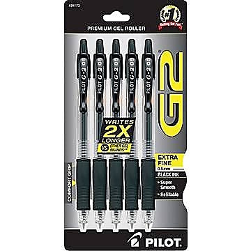 Pilot G2 Retractable Gel Pens, Extra Fine Point, 0.5mm, Black Ink, 5/Pack