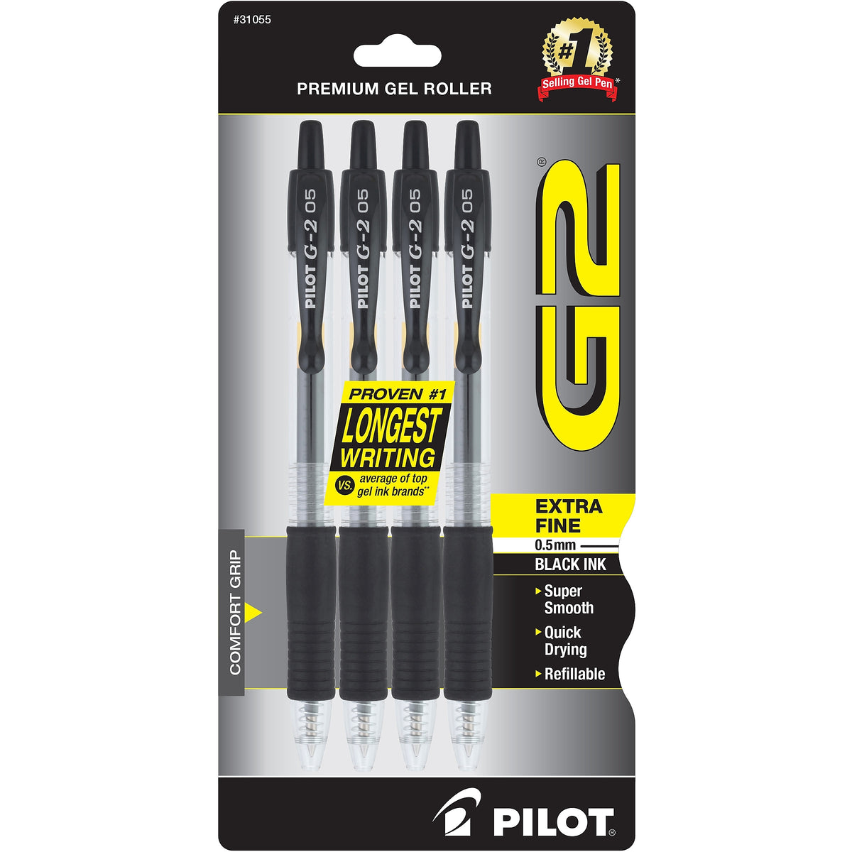 Pilot G2 Retractable Gel Pens, Extra Fine Point, Black Ink, 4/Pack