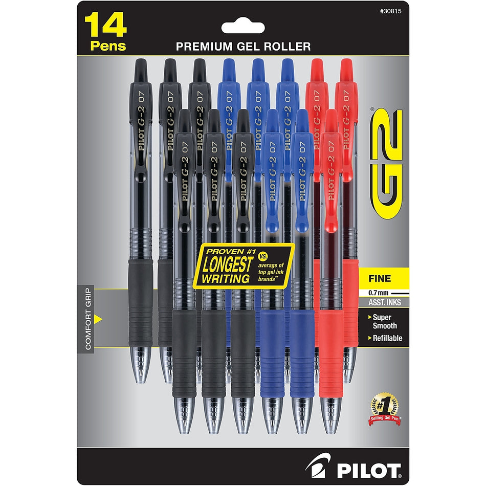 Pilot G2 Retractable Gel Pens, Fine Point, Assorted Ink, 14/Pack