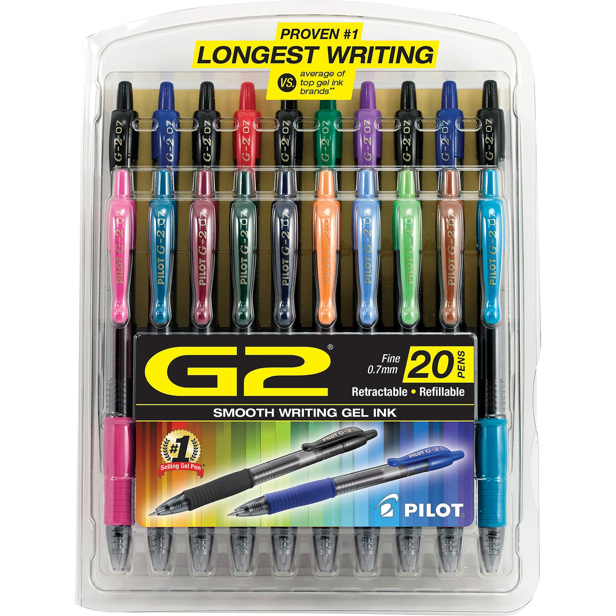 Pilot G2 Retractable Gel Pens, Fine Point, Assorted Ink, 20/Pack