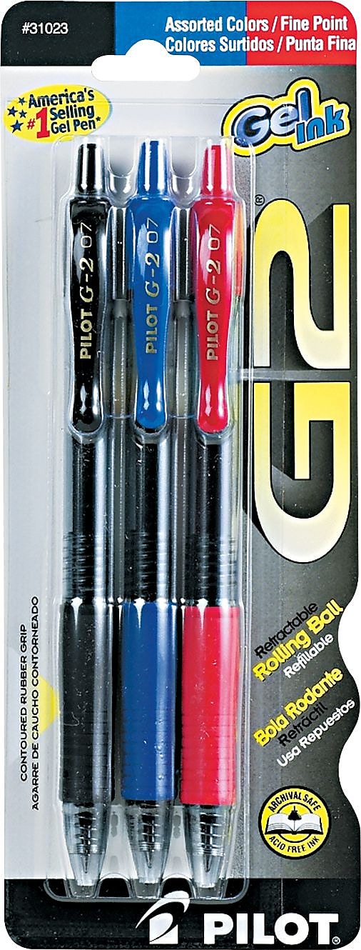 Pilot G2 Retractable Gel Pens, Fine Point, Assorted Ink, 3/Pack