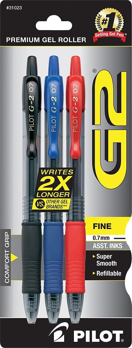 Pilot G2 Retractable Gel Pens, Fine Point, Assorted Ink, 3/Pack