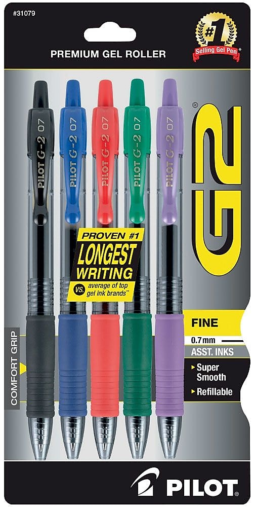 Pilot G2 Retractable Gel Pens, Fine Point, Assorted Ink, 5/Pack