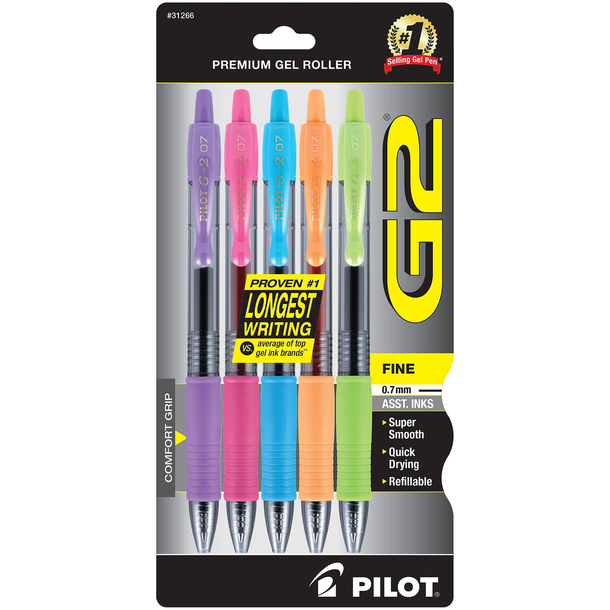 Pilot G2 Retractable Gel Pens, Fine Point, Assorted Ink, 5/Pack