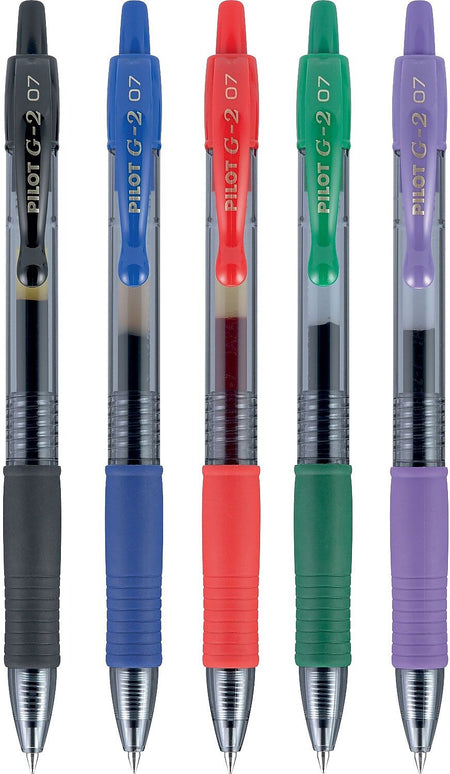 Pilot G2 Retractable Gel Pens, Fine Point, Assorted Ink, 5/Pack