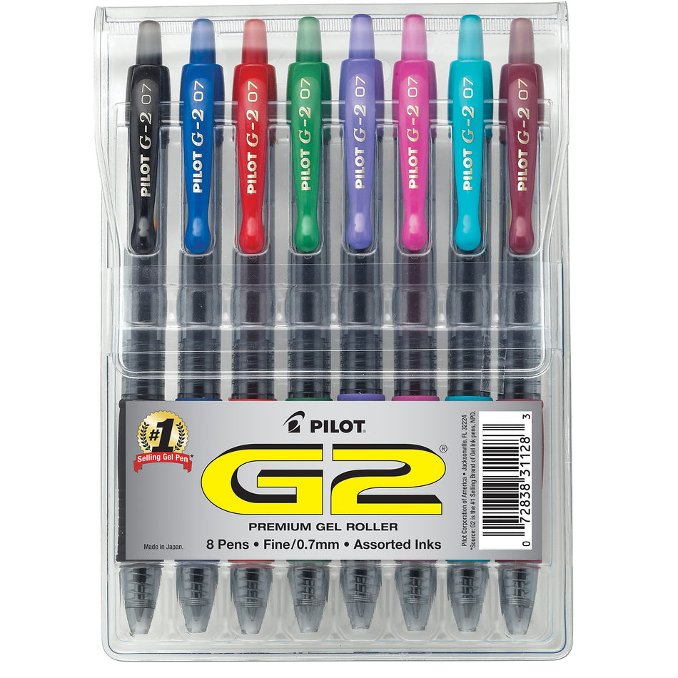 Pilot G2 Retractable Gel Pens, Fine Point, Assorted Ink, 8/Pack