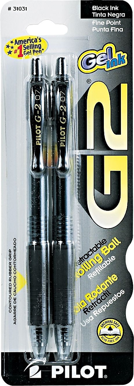 Pilot G2 Retractable Gel Pens, Fine Point, Black Ink, 2/Pack