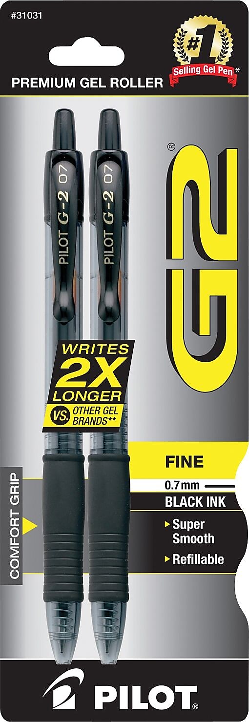 Pilot G2 Retractable Gel Pens, Fine Point, Black Ink, 2/Pack