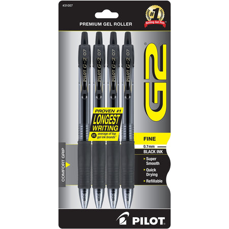 Pilot G2 Retractable Gel Pens, Fine Point, Black Ink, 4/Pack