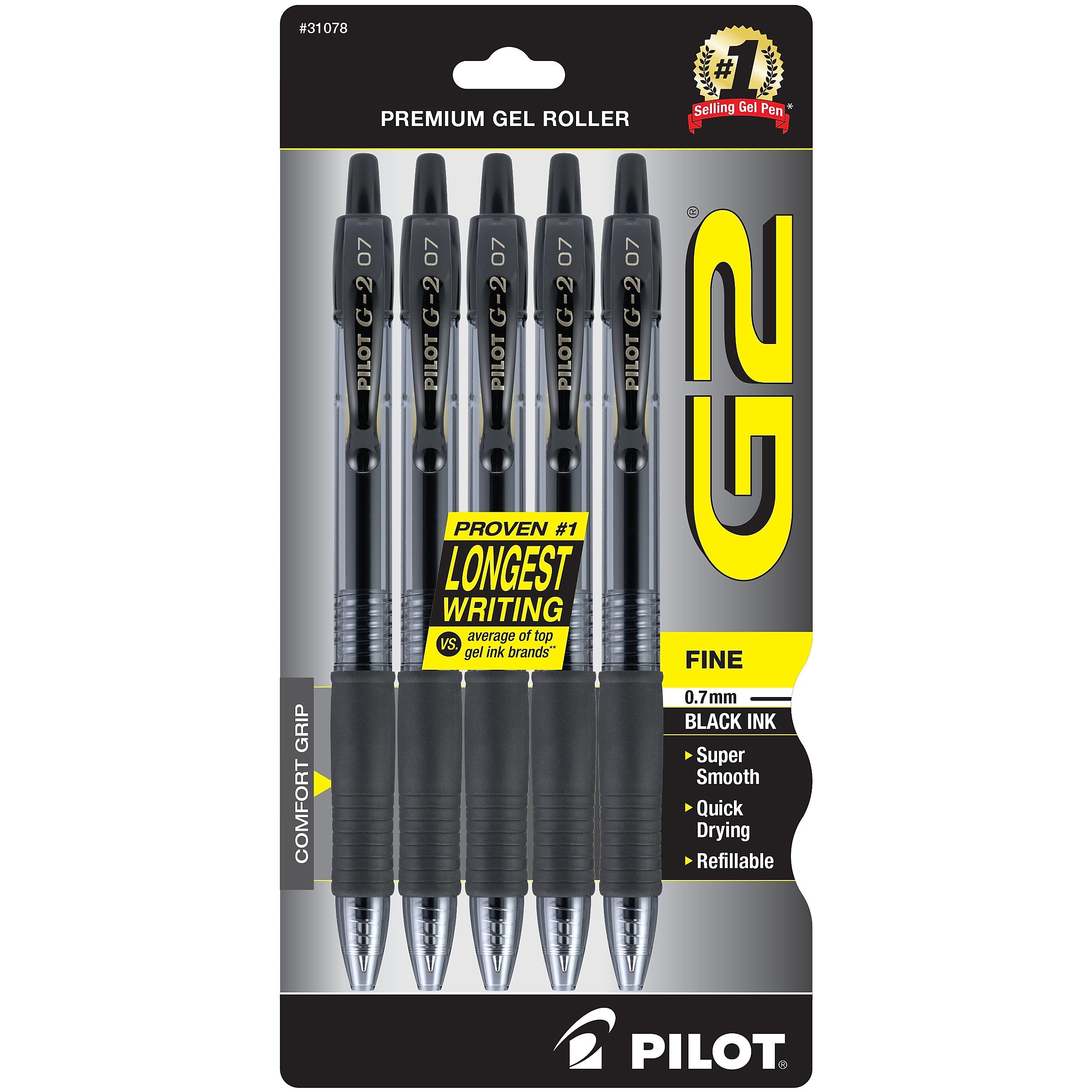 Pilot G2 Retractable Gel Pens, Fine Point, Black Ink, 5/Pack