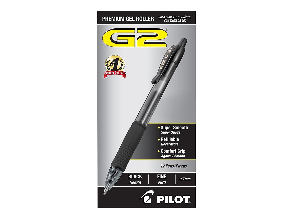 Pilot G2 Retractable Gel Pens, Fine Point, Black Ink, Dozen