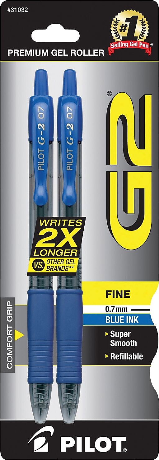 Pilot G2 Retractable Gel Pens, Fine Point, Blue Ink, 2/Pack