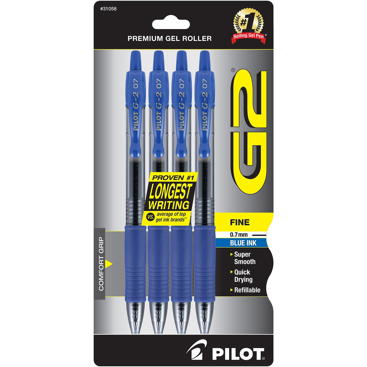 Pilot G2 Retractable Gel Pens, Fine Point, Blue Ink, 4/Pack