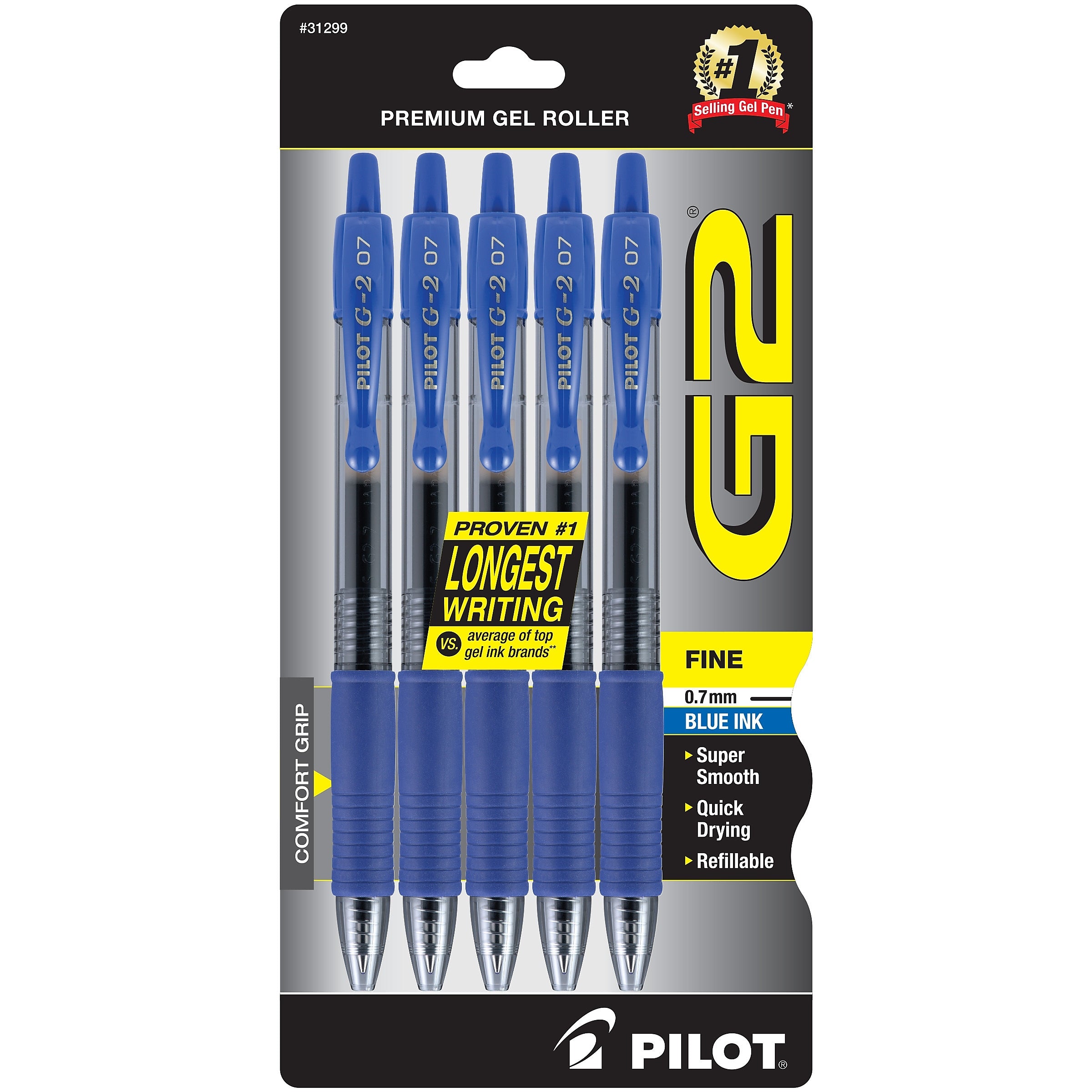 Pilot G2 Retractable Gel Pens, Fine Point, Blue Ink, 5/Pack