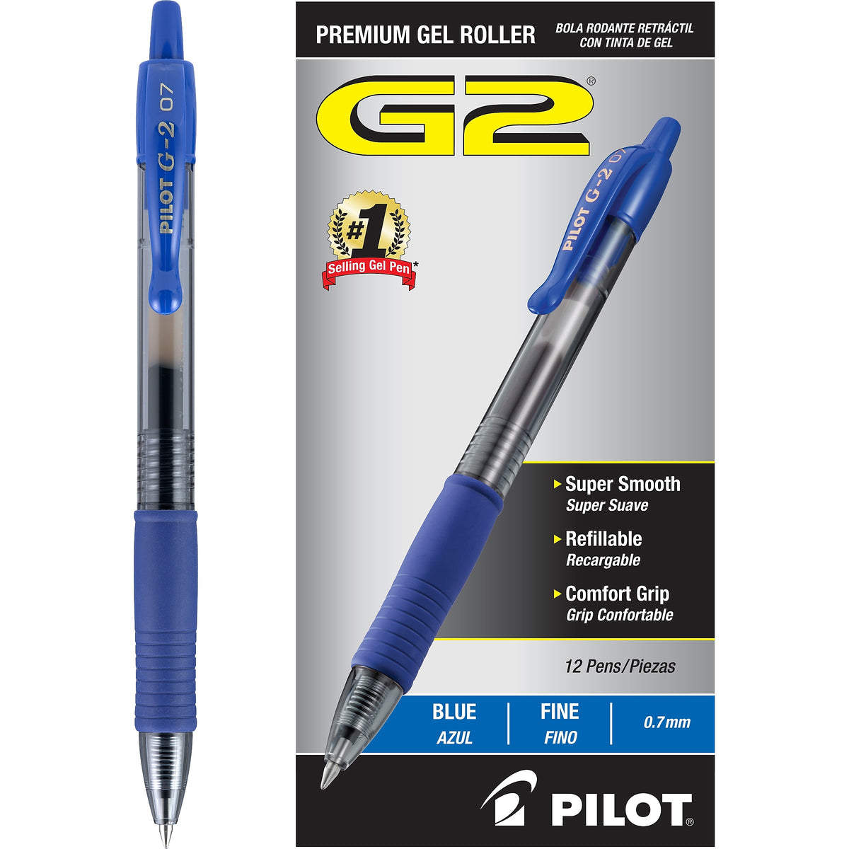 Pilot G2 Retractable Gel Pens, Fine Point, Blue Ink, Dozen