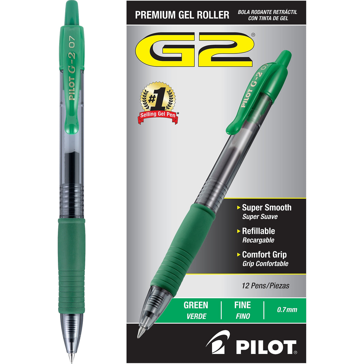 Pilot G2 Retractable Gel Pens, Fine Point, Green Ink, Dozen