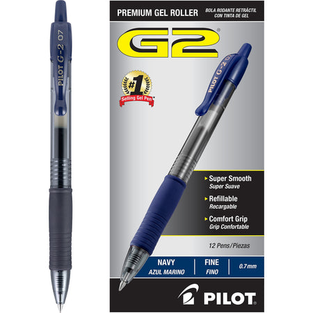 Pilot G2 Retractable Gel Pens, Fine Point, Navy Ink, Dozen