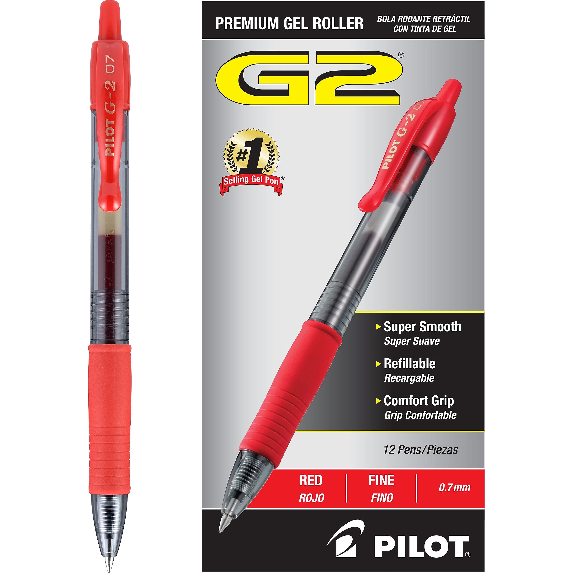 Pilot G2 Retractable Gel Pens, Fine Point, Red Ink, Dozen