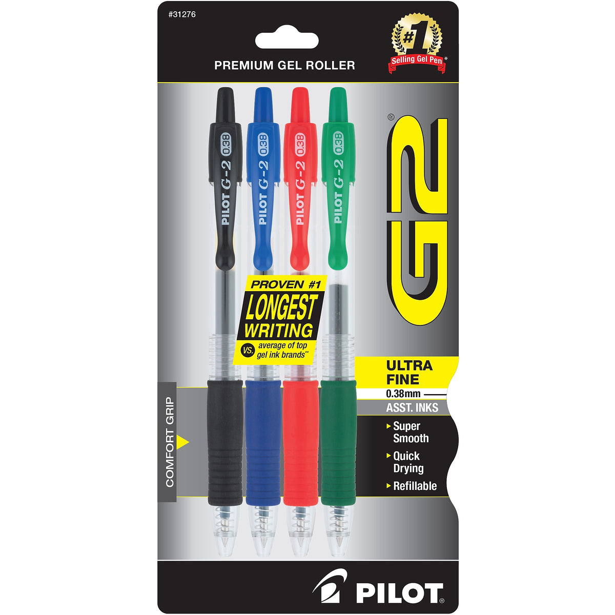 Pilot G2 Retractable Gel Pens, Ultra Fine Point, Assorted Ink, 4/Pack