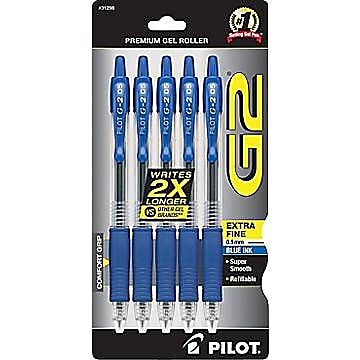 Pilot G2 Rollerball Gel Pen, Extra Fine Point, 0.5mm, Blue Ink, 5/Pack