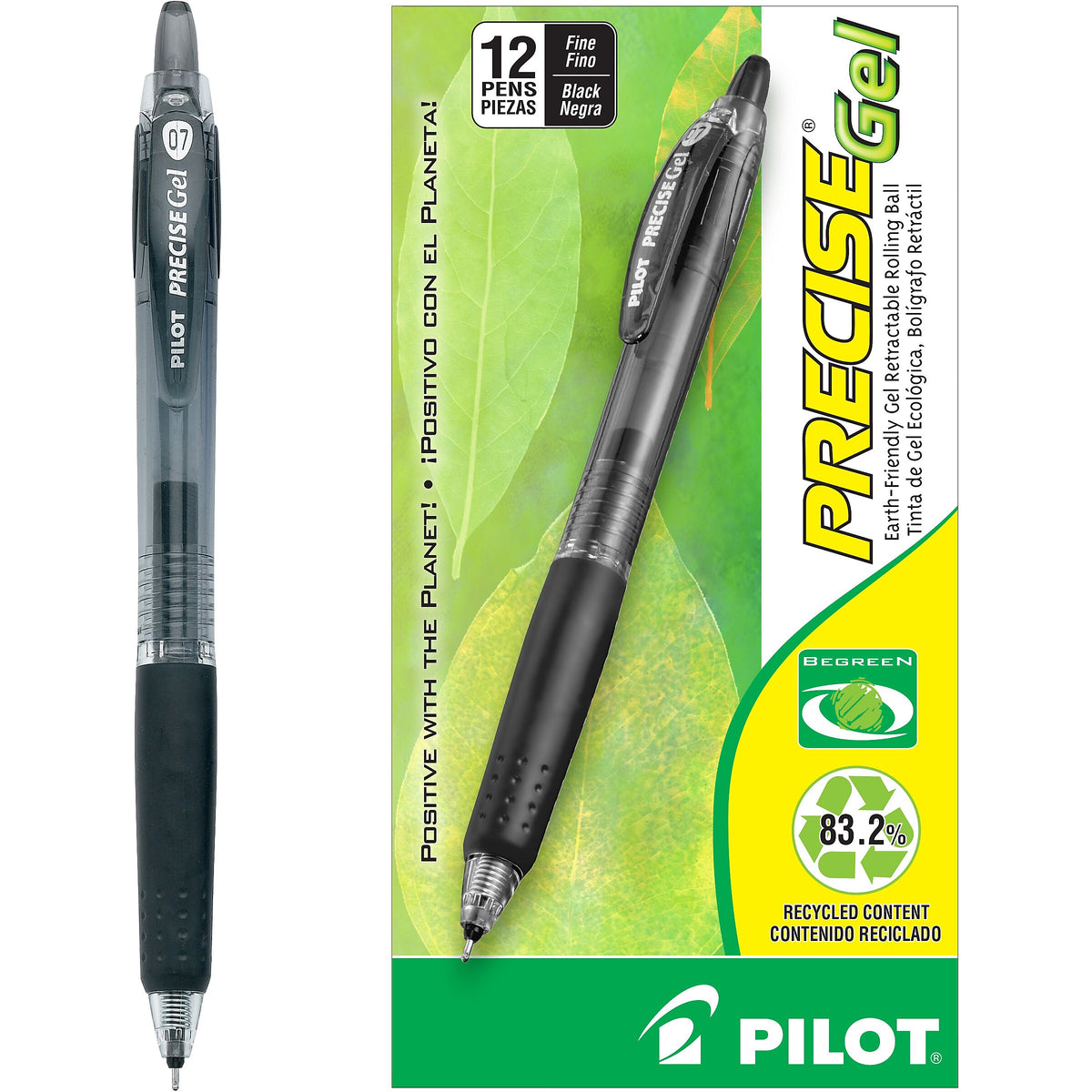 Pilot Precise Gel BeGreen Retractable Gel Pens, Fine Point, Black Ink, Dozen