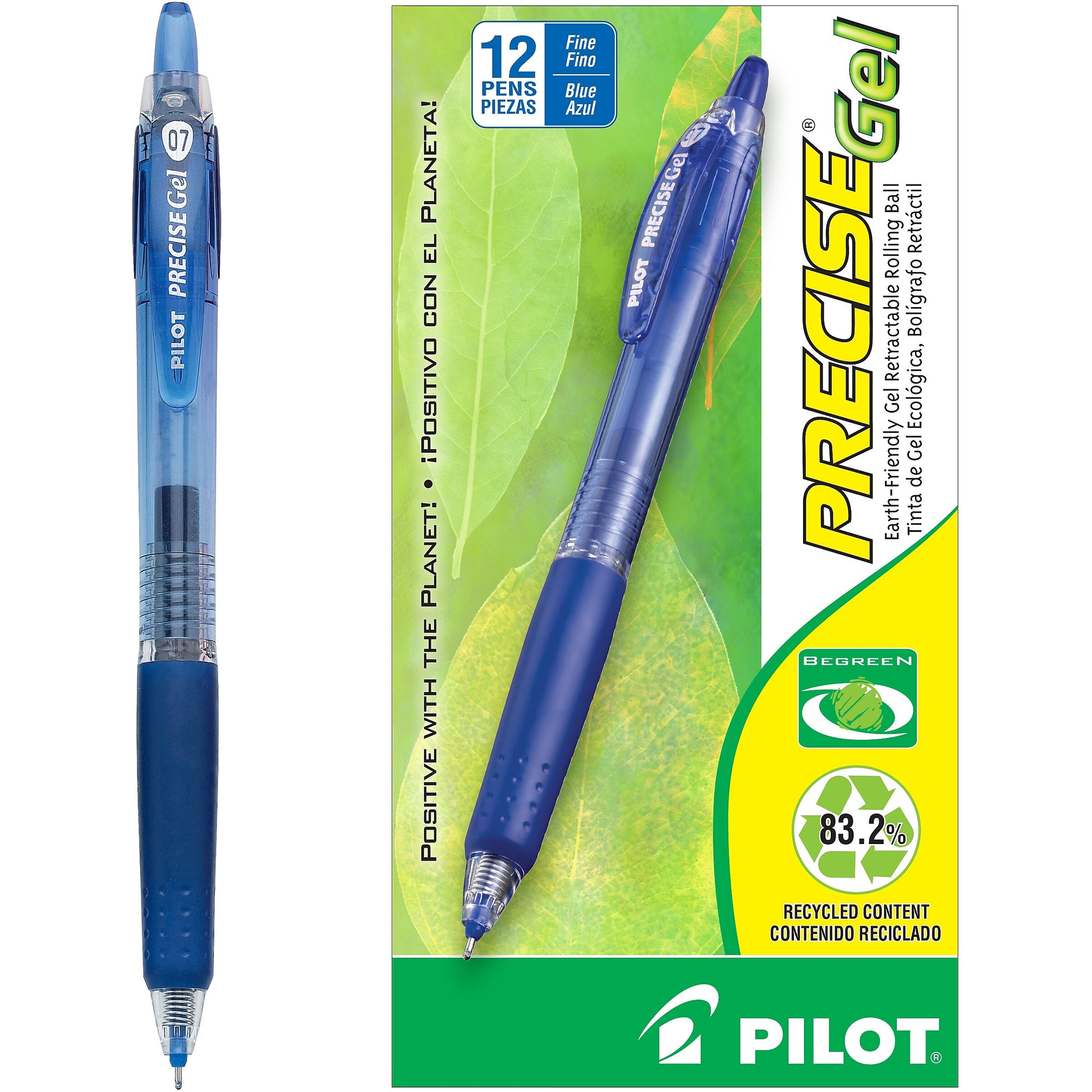 Pilot Precise Gel BeGreen Retractable Gel Pens, Fine Point, Blue Ink, Dozen
