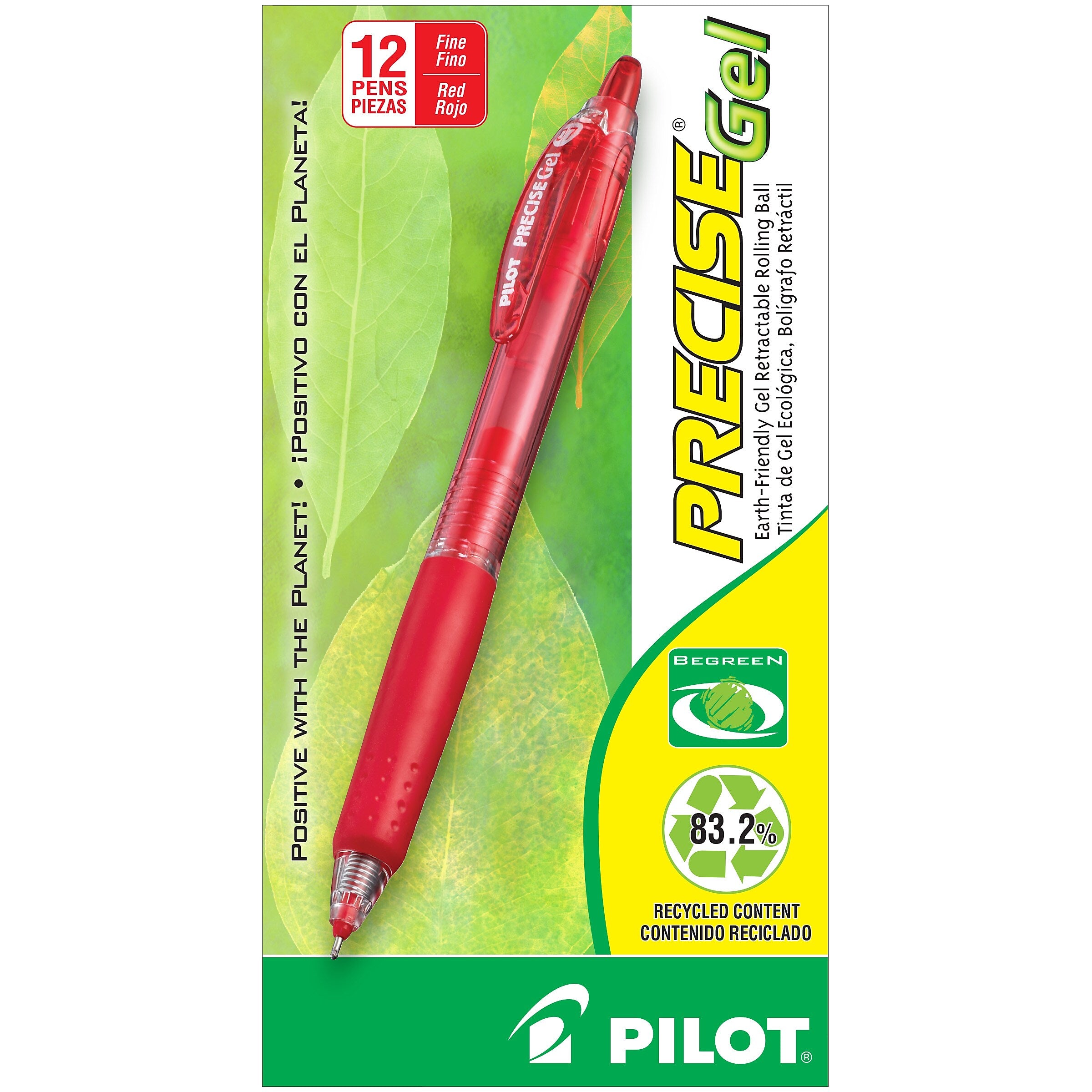 Pilot Precise Gel BeGreen Retractable Gel Pens, Fine Point, Red Ink, Dozen