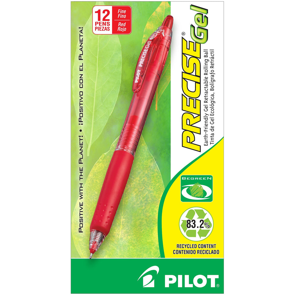 Pilot Precise Gel BeGreen Retractable Gel Pens, Fine Point, Red Ink, Dozen