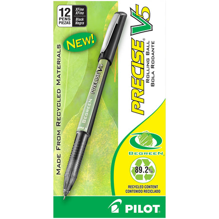 Pilot Precise V5 BeGreen Rollerball Pens, Extra Fine Point, Black Ink, Dozen