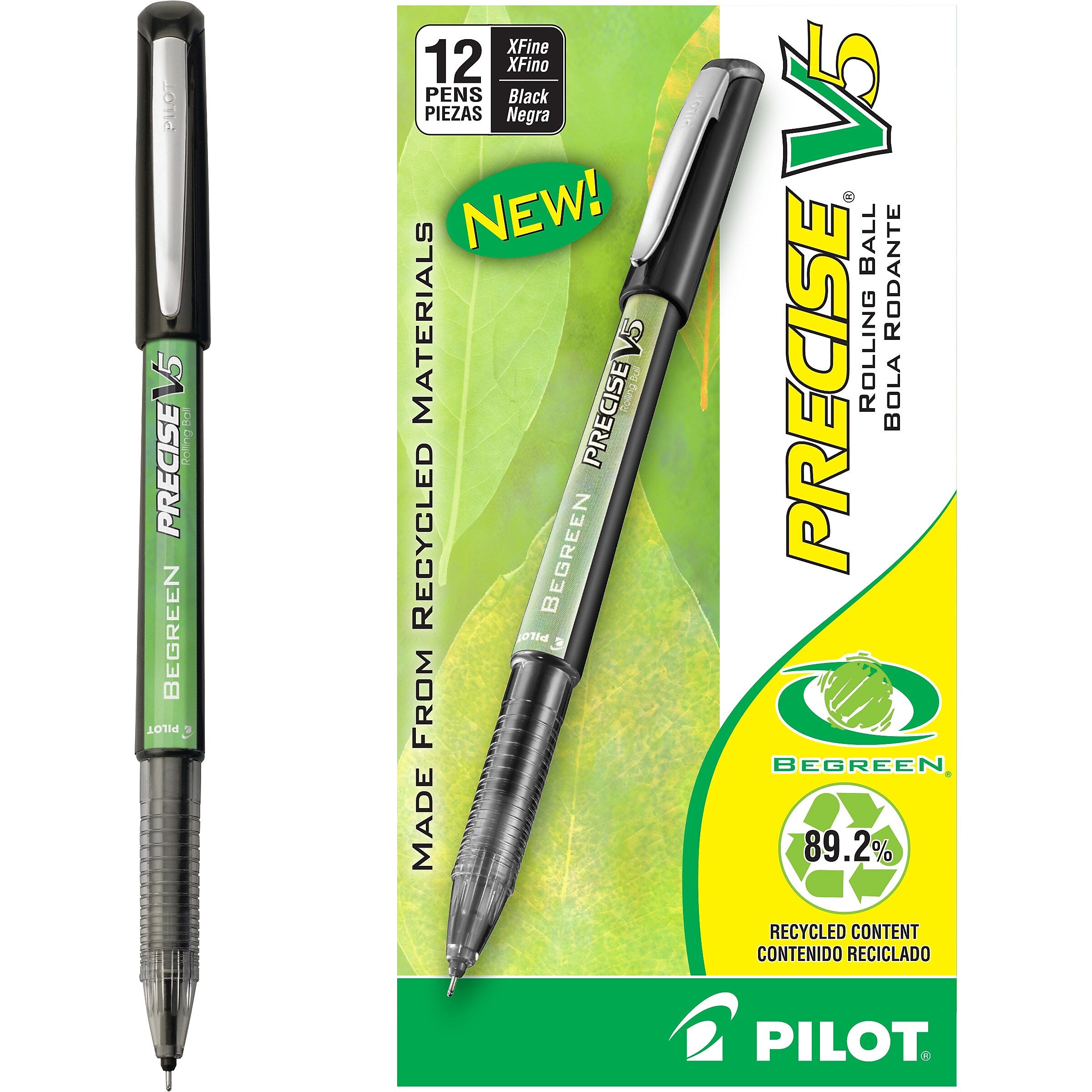 Pilot Precise V5 BeGreen Rollerball Pens, Extra Fine Point, Black Ink, Dozen