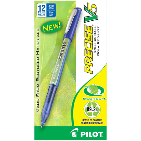 Pilot Precise V5 BeGreen Rollerball Pens, Extra Fine Point, Blue Ink, Dozen