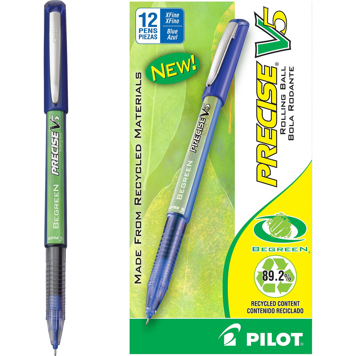 Pilot Precise V5 BeGreen Rollerball Pens, Extra Fine Point, Blue Ink, Dozen