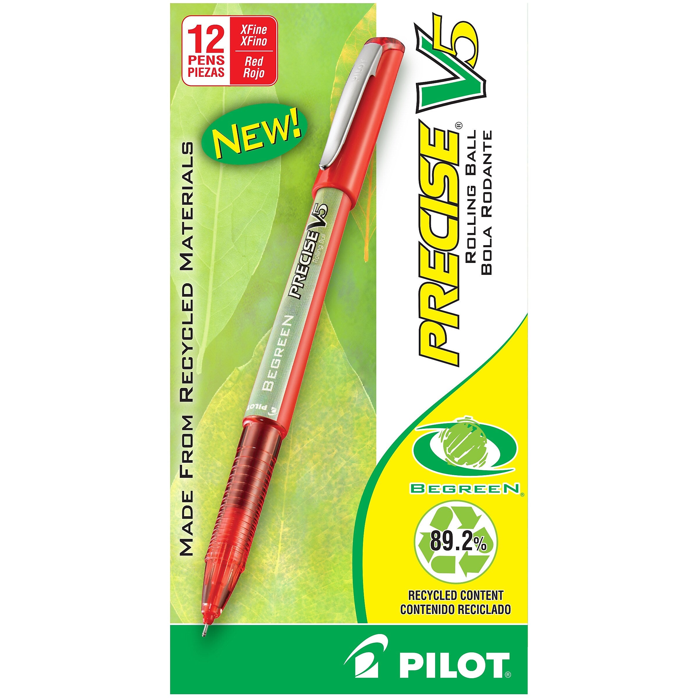 Pilot Precise V5 BeGreen Rollerball Pens, Extra Fine Point, Red Ink, Dozen