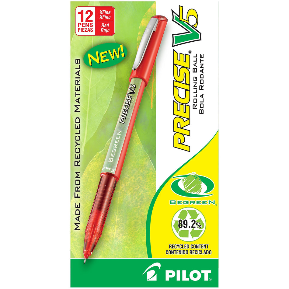 Pilot Precise V5 BeGreen Rollerball Pens, Extra Fine Point, Red Ink, Dozen