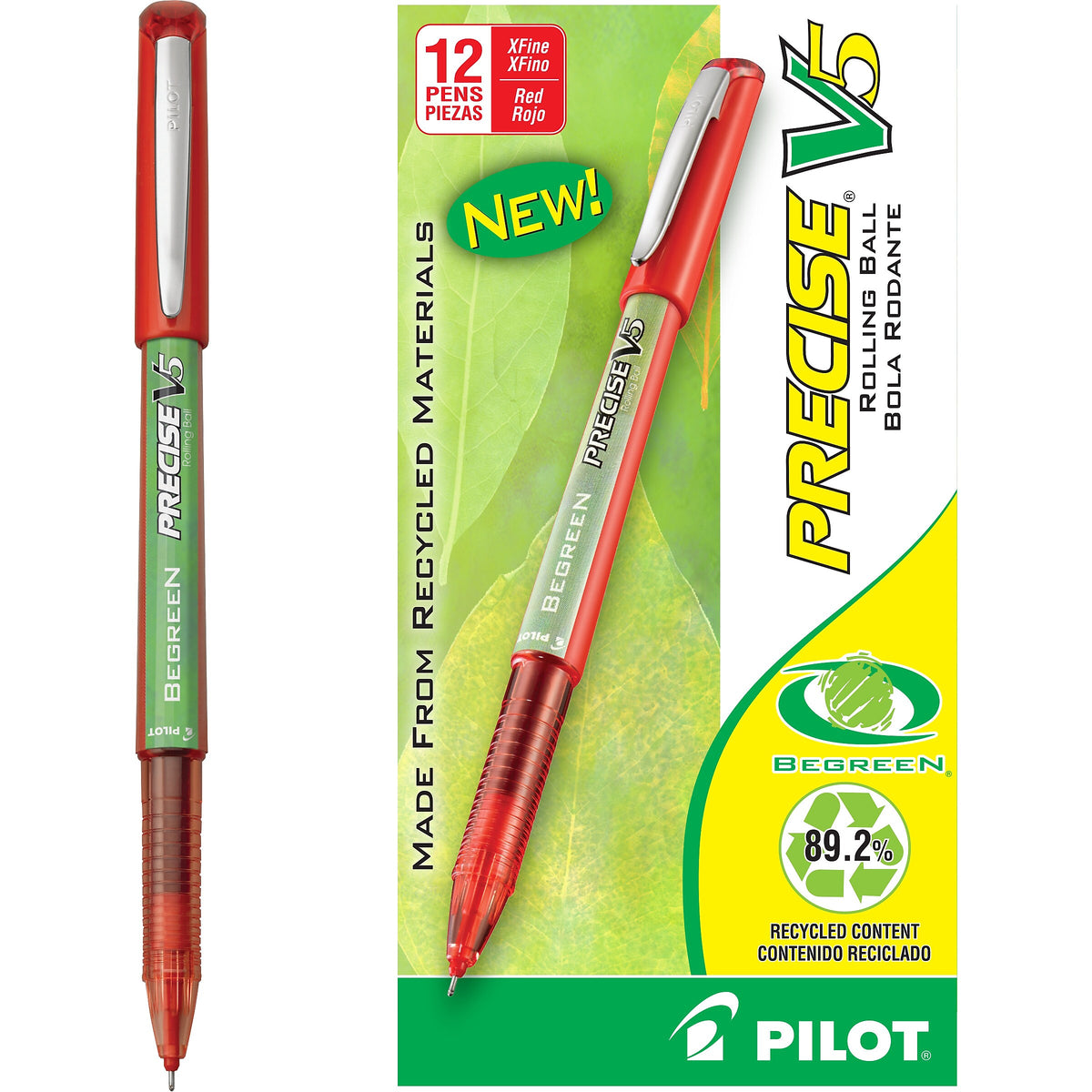 Pilot Precise V5 BeGreen Rollerball Pens, Extra Fine Point, Red Ink, Dozen