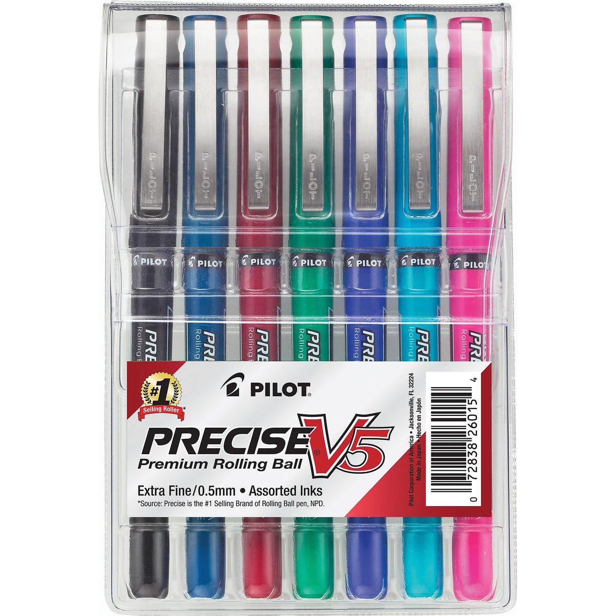 Pilot Precise V5 Rollerball Pens, Extra Fine Point, Assorted Ink, 7/Pack