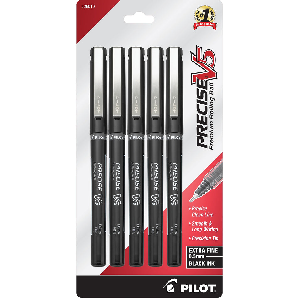 Pilot Precise V5 Rollerball Pens, Extra Fine Point, Black Ink, 5/Pack