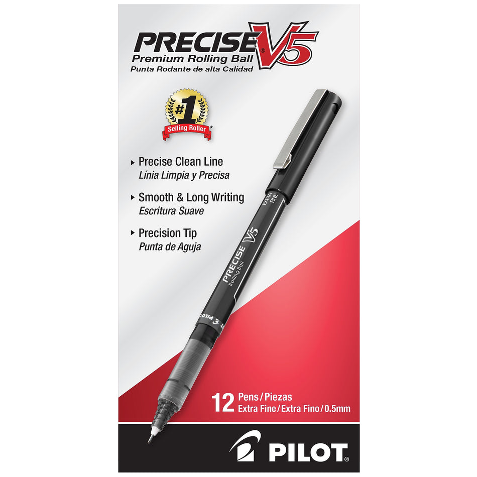 Pilot Precise V5 Rollerball Pens, Extra Fine Point, Black Ink, Dozen