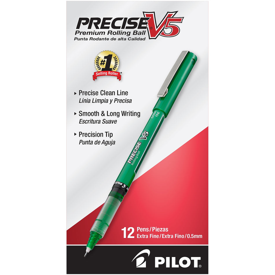 Pilot Precise V5 Rollerball Pens, Extra Fine Point, Green Ink, Dozen