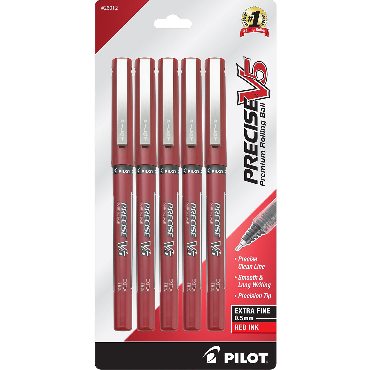 Pilot Precise V5 Rollerball Pens, Extra Fine Point, Red Ink, 5/Pack