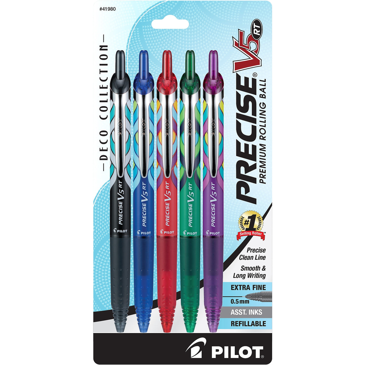 Pilot Precise V5 RT Deco Collection Retractable Rollerball Pens, Extra Fine Point, Assorted Ink, 5/Pack