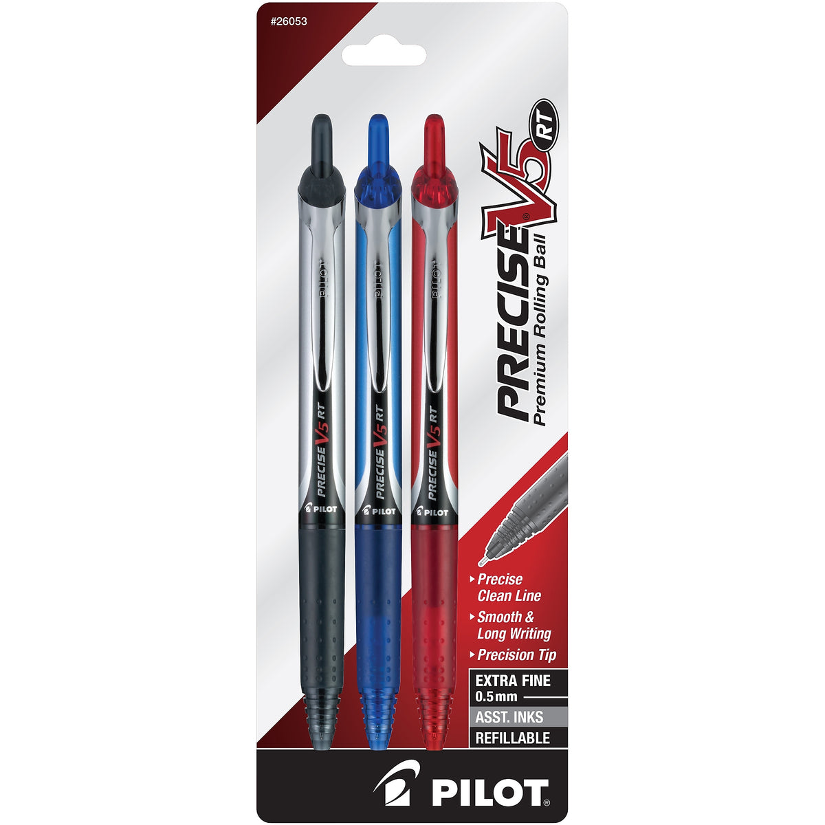 Pilot Precise V5 RT Retractable Rollerball Pens, Extra Fine Point, Assorted Ink, 3/Pack