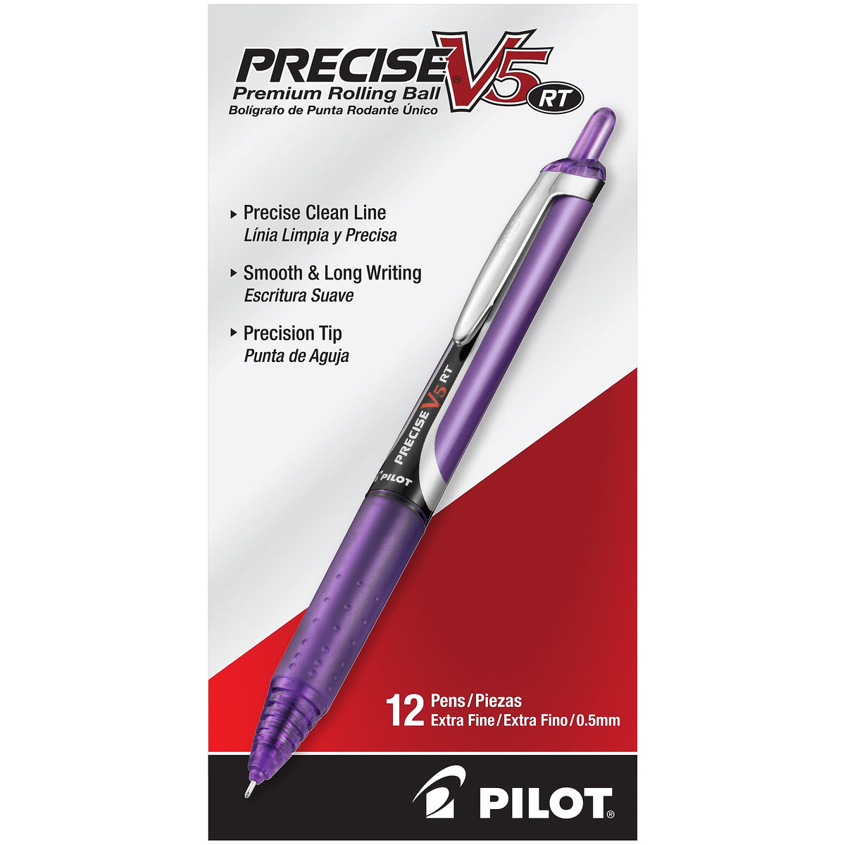 Pilot Precise V5 RT Retractable Rollerball Pens, Extra Fine Point, Purple Ink, Dozen