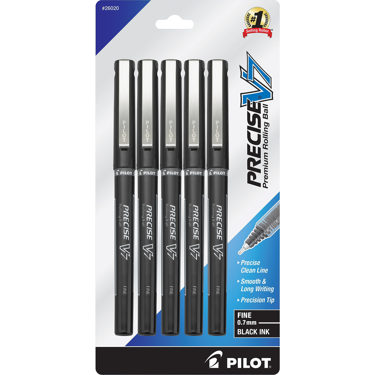 Pilot Precise V7 Rollerball Pens, Fine Point, Black Ink, 5/Pack