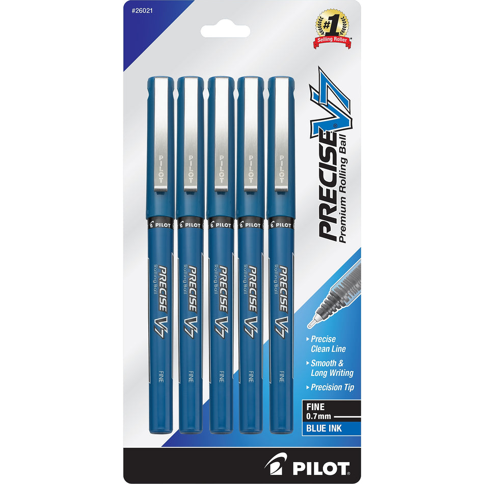 Pilot Precise V7 Rollerball Pens, Fine Point, Blue Ink, 5/Pack