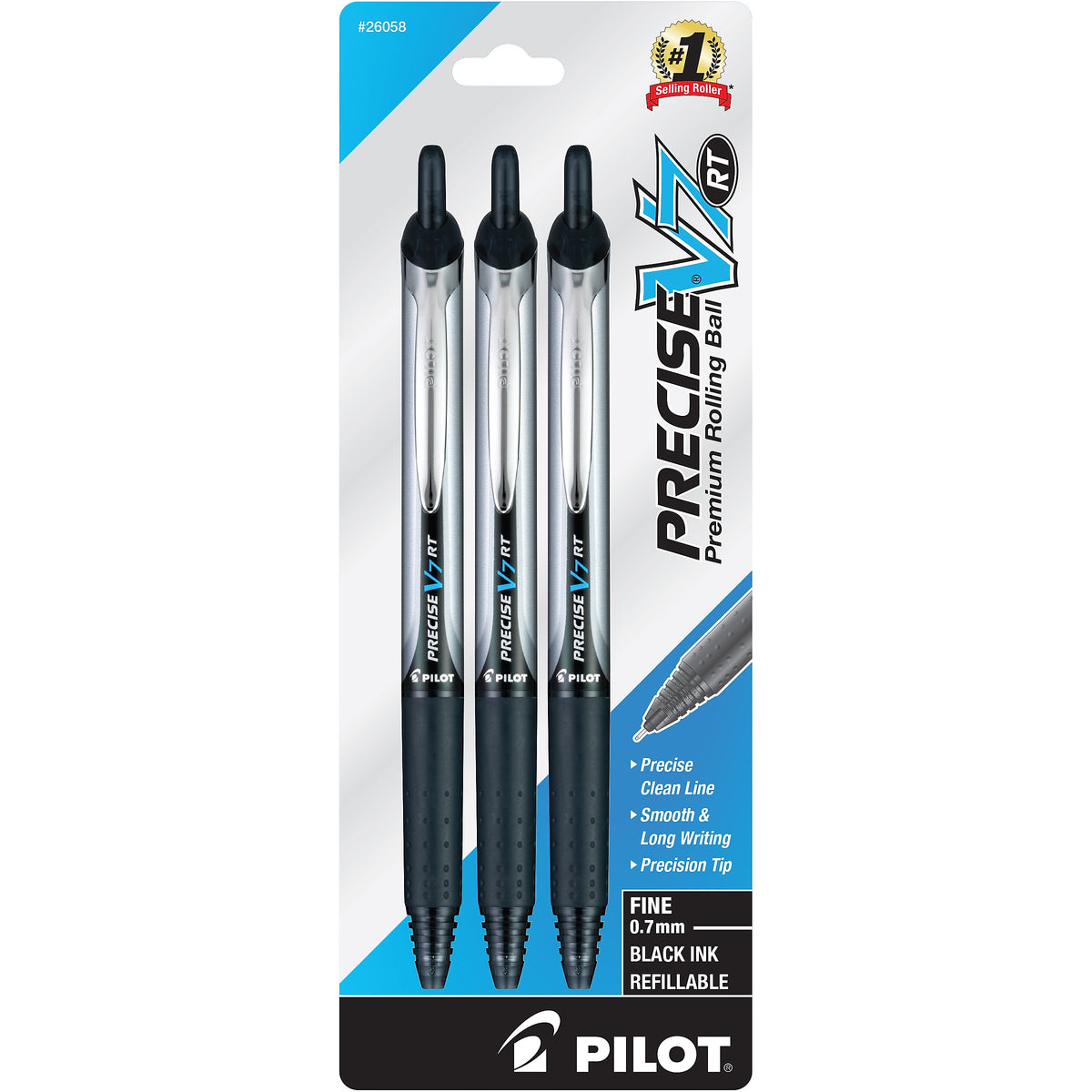 Pilot Precise V7 RT Retractable Rollerball Pens, Fine Point, Black Ink, 3/Pack