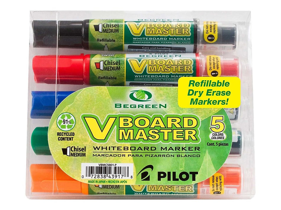 Pilot V Board Master BeGreen Refillable Dry Erase Markers, Chisel Tip, Assorted, 5/Pack