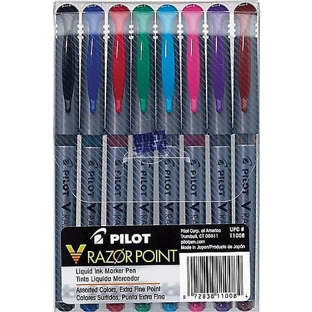 Pilot V Razor Point Liquid Ink Marker Pens, Extra Fine Point, Assorted, 8/Pack